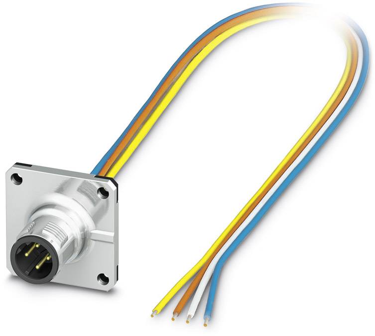 'Industrie-Steckverbinder mit vier farbigen Drähten (gelb, orange, blau, weiß) für elektrische Verbindungen und Anwendungen.'
