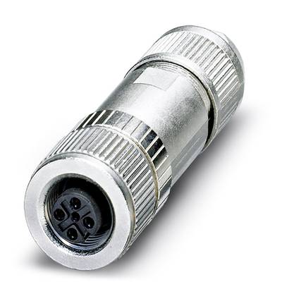 Silberner Metallstecker mit vier schwarzen Pins, geeignet für industrielle Anwendungen und Steckverbindungen.