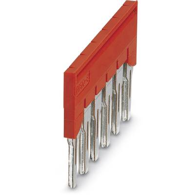 Ein roter Steckbrückenblock mit sechs silbernen Metallstiften. Er dient zum Verbinden von Schaltungen oder Steckplatinen in der Elektronik.