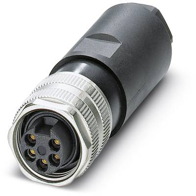 Ein schwarzer elektrischer Stecker mit vier goldenen Kontakten und silbernem Gewinde, geeignet für industrielle Anwendungen.