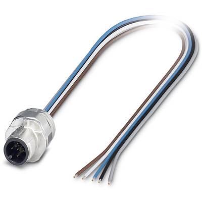 Ein runder Steckverbinder mit sichtbaren Metallkontakten und vier farbigen Kabeln (blau, braun, schwarz, weiß) zur Verbindung elektrischer Geräte.