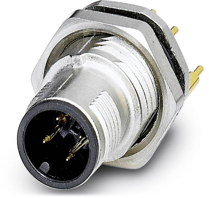 'XLR-Stecker, silber, mit drei goldenen Pins, seitlich liegend, für Audioverbindungen.'