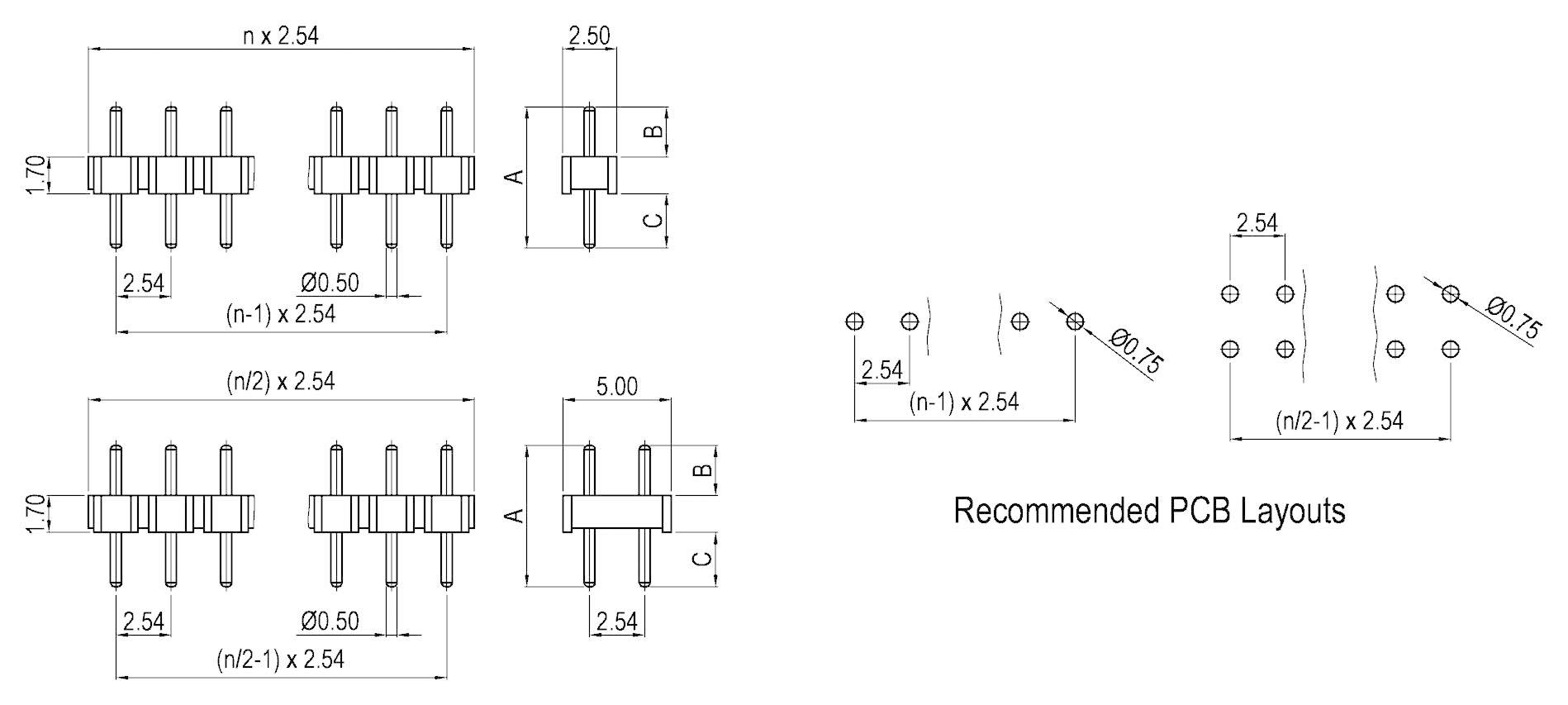 'Abmessungen von Stiftleisten und empfohlenes PCB-Layout: zeigt Stiftleistenkonfigurationen mit Maßen 2,54 mm Stiftabstand.'
