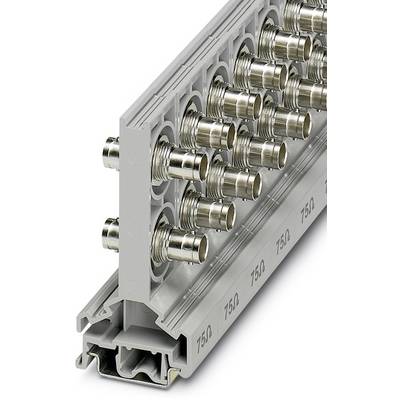 Metallischer Steckverbinderblock mit mehreren vertikalen Anschlussbuchsen, für 75 Ohm Koaxialkabel, in einer grauen Halterung.