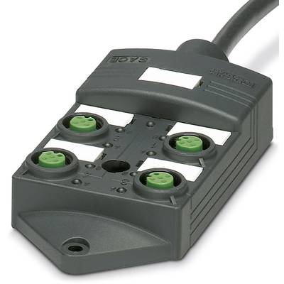 Ein schwarzer elektrischer Verteilerstecker mit vier grünen Anschlüssen und einem Kabel.
