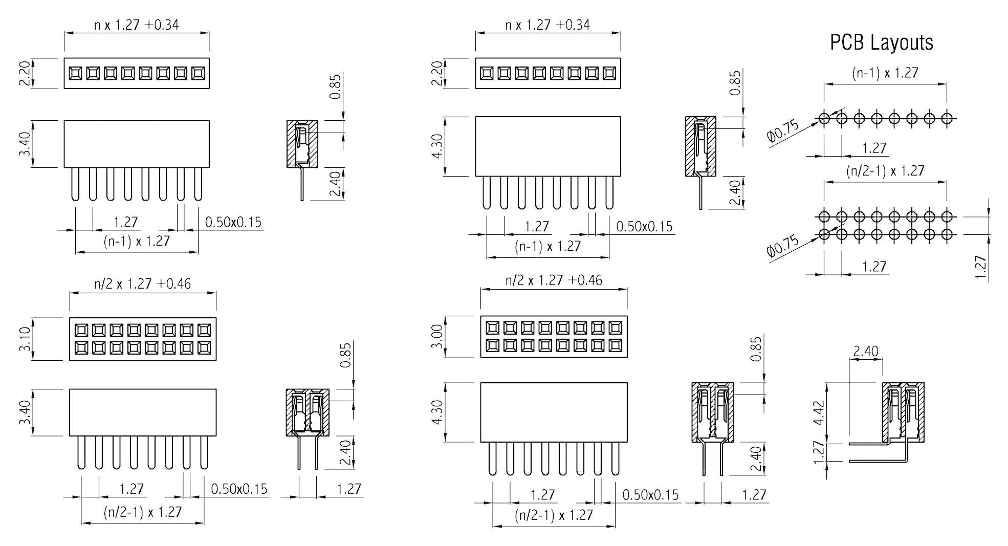 Technische Zeichnung von Stiftleisten und ihren Abständen für PCB-Layouts mit detaillierten Maßen in Millimetern.