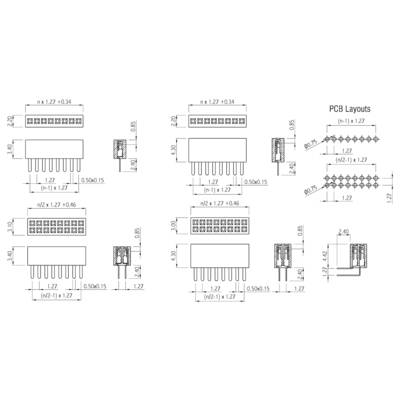 Technische Zeichnung von Stiftleisten und ihren Abständen für PCB-Layouts mit detaillierten Maßen in Millimetern.