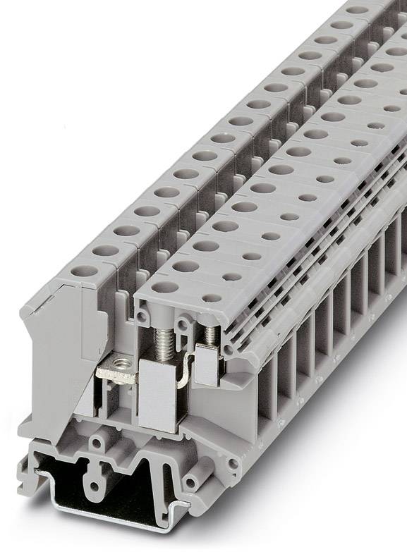 Ein graues, modulares elektrisches Klemmsystem mit mehreren Steckplätzen für Leitungen, verwendet in Schalttafeln zur Verdrahtung.