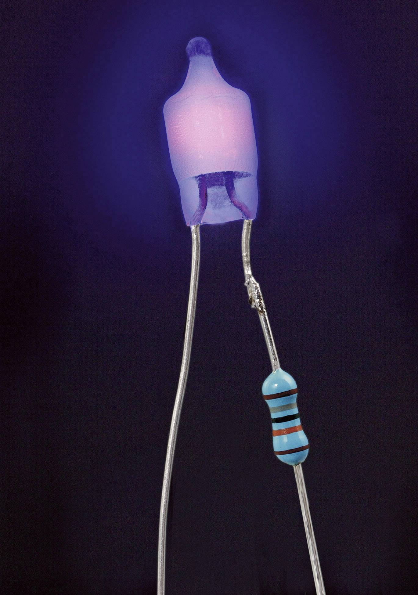 Bläulich-weiß leuchtende Glimmlampe mit zwei Anschlussdrähten vor dunklem Hintergrund.
