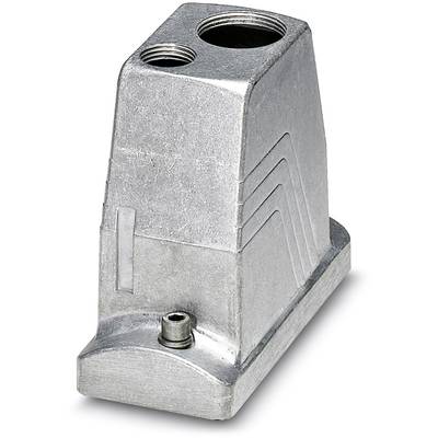 Ein silbernes Metallgehäuse mit zwei oberen Gewindeöffnungen und einem unteren Anschluss, geeignet für Elektro- oder Maschinenteile.