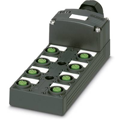 Industrie-Steckverbinder mit acht Buchsen, schwarzes Gehäuse und grüne Anschlüsse, passend für elektrische Verbindungen.