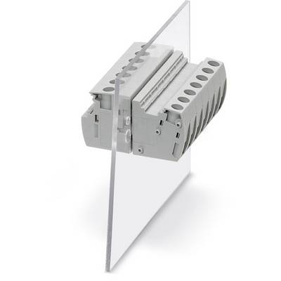 Ein grauer elektrischer Anschlussblock, montiert auf einer transparenten Platte. Ideal zur Verdeutlichung von Elektronikinstallationen.
