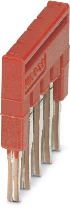 Ein roter Brückenkamm mit mehreren Metallpins, zur Verbindung von elektrischen Terminals in enger Anordnung.