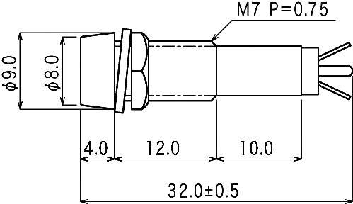 Technische Zeichnung eines Steckers, Gesamtlänge 32 mm, Außengewinde M7 mit Steigung 0,75, Detailmaße für Durchmesser und Längen angegeben.