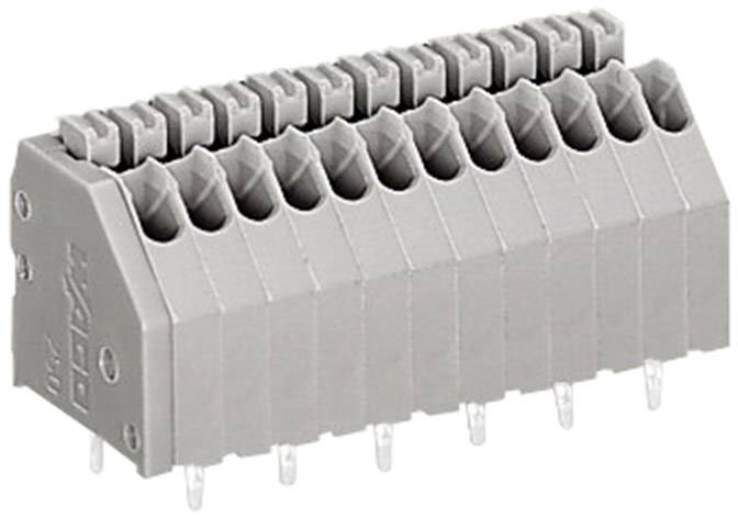 Ein grauer, mehrpoliger Steckverbinder mit vertikalen Anschlussklemmen, geeignet für elektronische Schaltungen und Geräte.