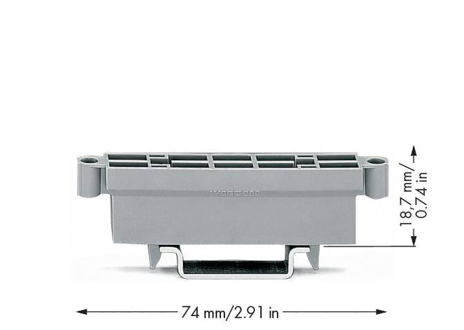 Graues Kunststoffteil mit rechteckigen Kammern, 74 mm breit und 18,7 mm hoch.