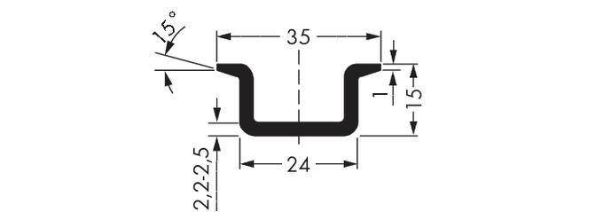 Querschnittsdiagramm eines Metallprofils mit U-Form. Maße: 35 mm oben, 24 mm innen, 15 mm Höhe, 15° Winkel an den Seiten.