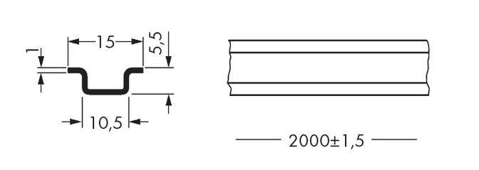 Technische Zeichnung eines U-förmigen Metallprofils. Maße: Breite 15 mm, Tiefe 10,5 mm, Höhe 5,5 mm. Länge: 2000 ± 1,5 mm.