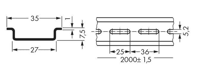 Technische Zeichnung eines U-förmigen Profils mit Abmessungen: Breite 35 mm, Höhe 7,5 mm, Lochabstände 25 mm und 36 mm, Gesamtlänge 2000±1,5 mm.