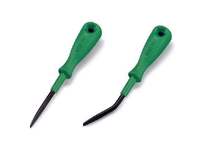 Zwei grüne Werkzeuge mit schlanken Griffen und Metallspitzen; eines gerade, das andere gebogen. Sie ähneln Schraubendrehern.