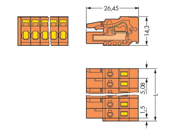Technische Zeichnung eines 4-poligen Steckverbinders mit den Maßen: Länge 26,45 mm, Breite 14,3 mm und Höhe 5,08 mm.