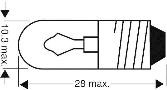 Zeichnung einer Glühlampe mit Abmessungen: 10,3 mm Höhe und 28 mm Länge.