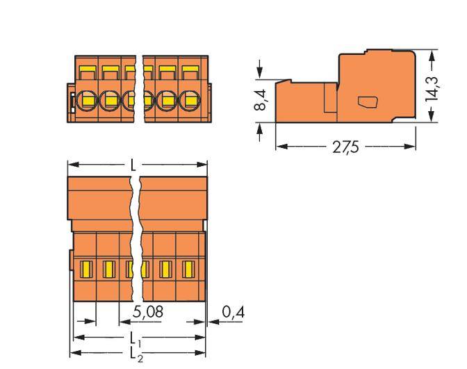 Technische Zeichnung eines Steckverbinders: Draufsicht und Seitenansicht mit Abmessungen. Wichtige Maße: Breite 5,08mm, Höhe 8,4mm und 14,3mm.