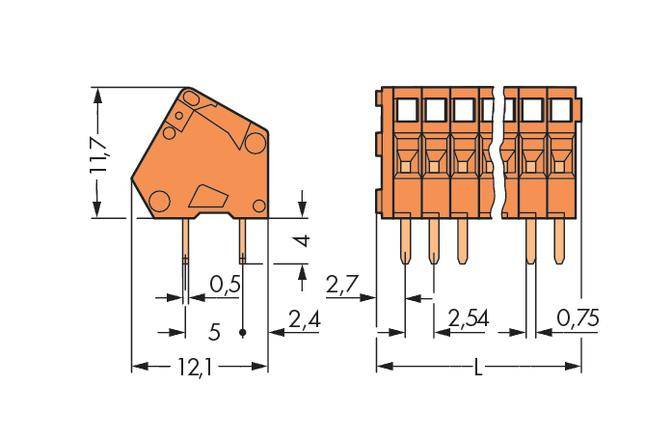 'Das Bild zeigt technische Zeichnungen von Steckverbindern mit detaillierten Maßangaben wie z. B. Höhe 11,7 mm und Breite 12,1 mm.'
