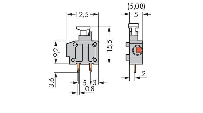Abbildung eines rechteckigen Schalters mit detaillierten Maßen. Höhe 9,2 mm, Breite 12,5 mm, seitliche Tiefe 5 mm, Anschlusslänge 3,6 mm.