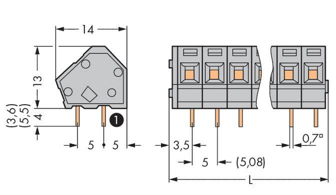 Zeichnung eines elektrischen Steckverbinders mit Abmessungen, Steckplatz für fünf Pins, Maße sind in Millimetern angegeben.