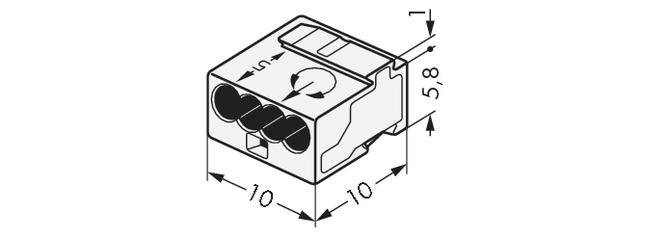 Schwarz-weiße technische Zeichnung eines rechteckigen Steckverbinders mit Maßangaben: 10 mm Breite, 10 mm Tiefe und 5,8 mm Höhe.