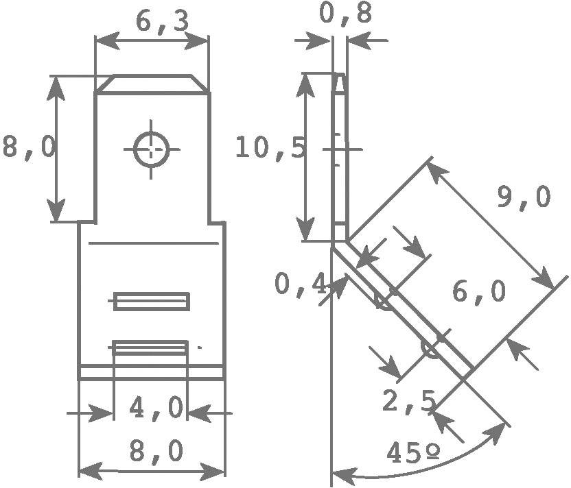 Technische Zeichnung eines Teils mit Maßen in Millimetern, Front- und Seitenansicht. Hauptabmessungen: 8,0 x 6,3 x 10,5. Schräger Schnitt von 45 Grad.