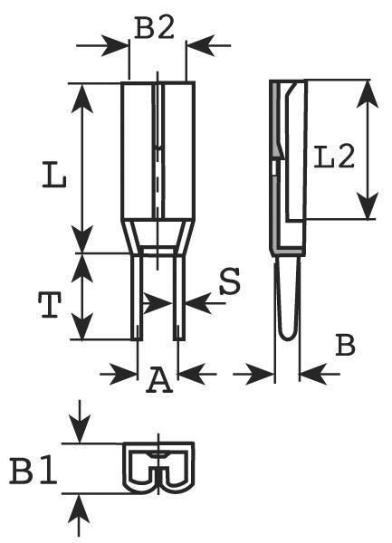 Technische Zeichnung eines U-förmigen Steckverbinders mit Maßen: B, B1, B2, L, L2, A, S, T. Seitenansichten zeigen Proportionen.