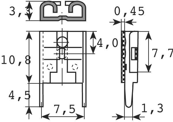 Technische Zeichnung eines mechanischen Teils mit Maßen. Oben Draufsicht, unten Seitenansicht mit den Maßen in Millimetern.