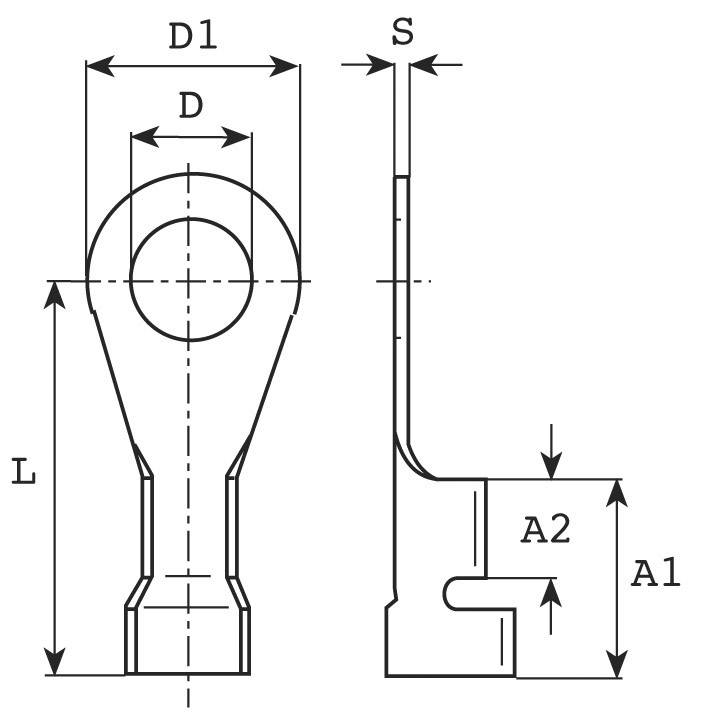 Technische Zeichnung eines Kabelschuhs mit Maßen. Zeigt Seitenansicht und Vorderansicht, kennzeichnet Höhe (L), Durchmesser (D, D1) und Breite (S, A1, A2).