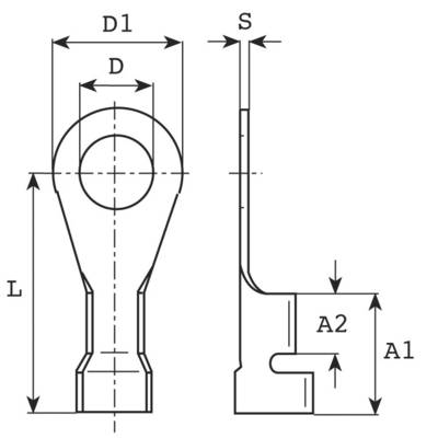 Technische Zeichnung eines Kabelschuhs mit Maßen. Zeigt Seitenansicht und Vorderansicht, kennzeichnet Höhe (L), Durchmesser (D, D1) und Breite (S, A1, A2).