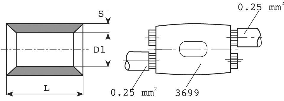 Technische Zeichnung eines Bauteils mit Maßangaben: Länge (L), Durchmesser (D1), Querschnitt 0,25 mm², und Zahl '3699'.