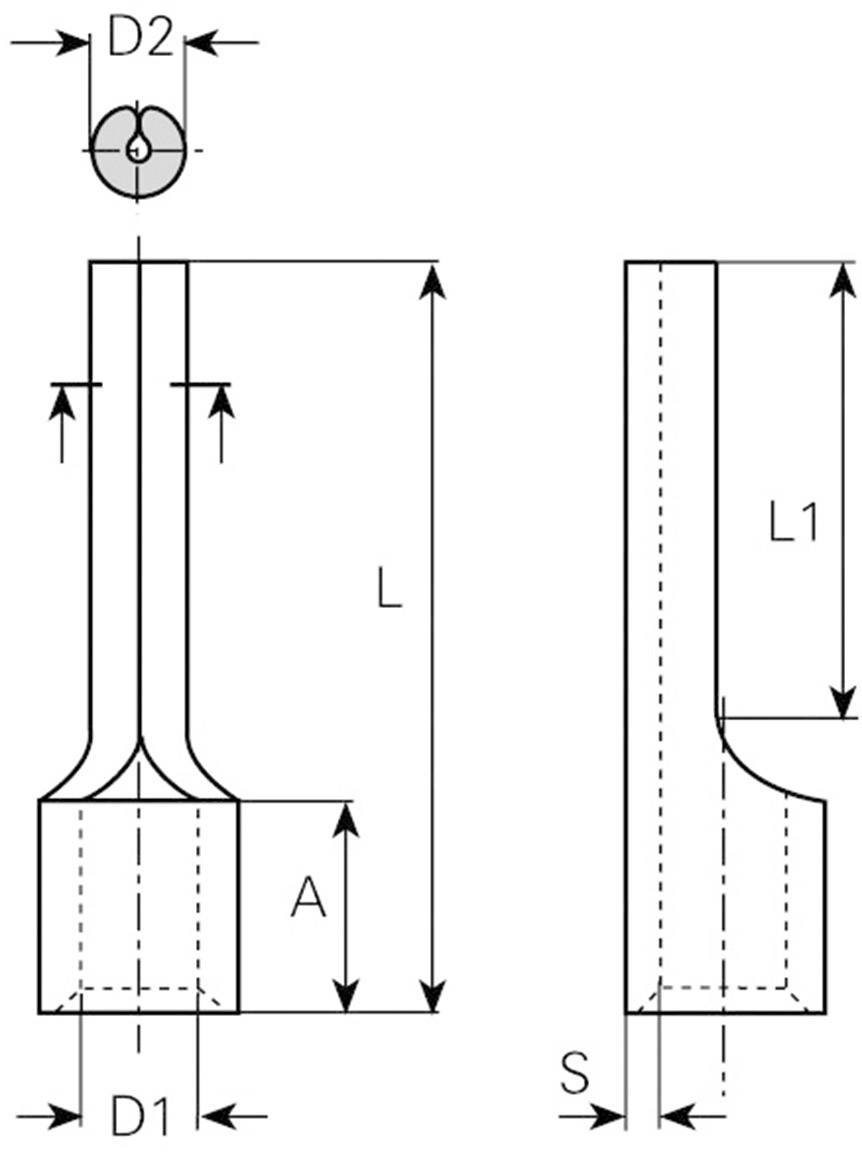 Technische Zeichnung von zwei Bohrern mit Maßangaben. Links zeigt die Vorderseite, rechts die Seitenansicht. Maße umfassen D1, D2, L, L1, A und S.