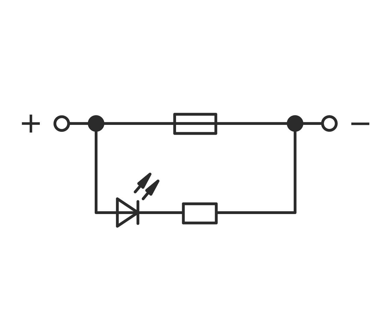 Einfacher Stromkreis mit Batterie, Widerstand, Diode und Glühlampe. Energie fließt vom Pluspol durch die Komponenten zum Minuspol.