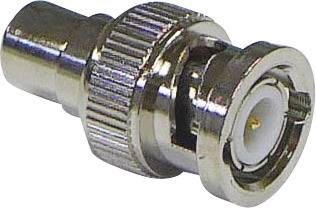 Ein BNC-Stecker, zylindrisch, aus Metall mit geriffeltem Griff, oft verwendet für Koaxialkabelverbindungen in Video- und Netzwerkgeräten.