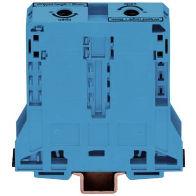 Ein blauer elektrischer Baustein mit Klemmen und Kupferanschluss. Oberseite beschriftet mit 'open' und 'close' für Steuerung.