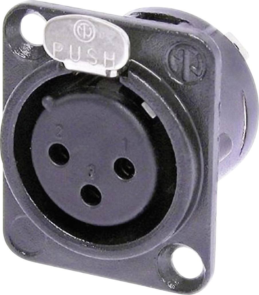 Ein schwarzer, dreipoliger XLR Stecker mit einer silbernen 'PUSH'-Taste oben.