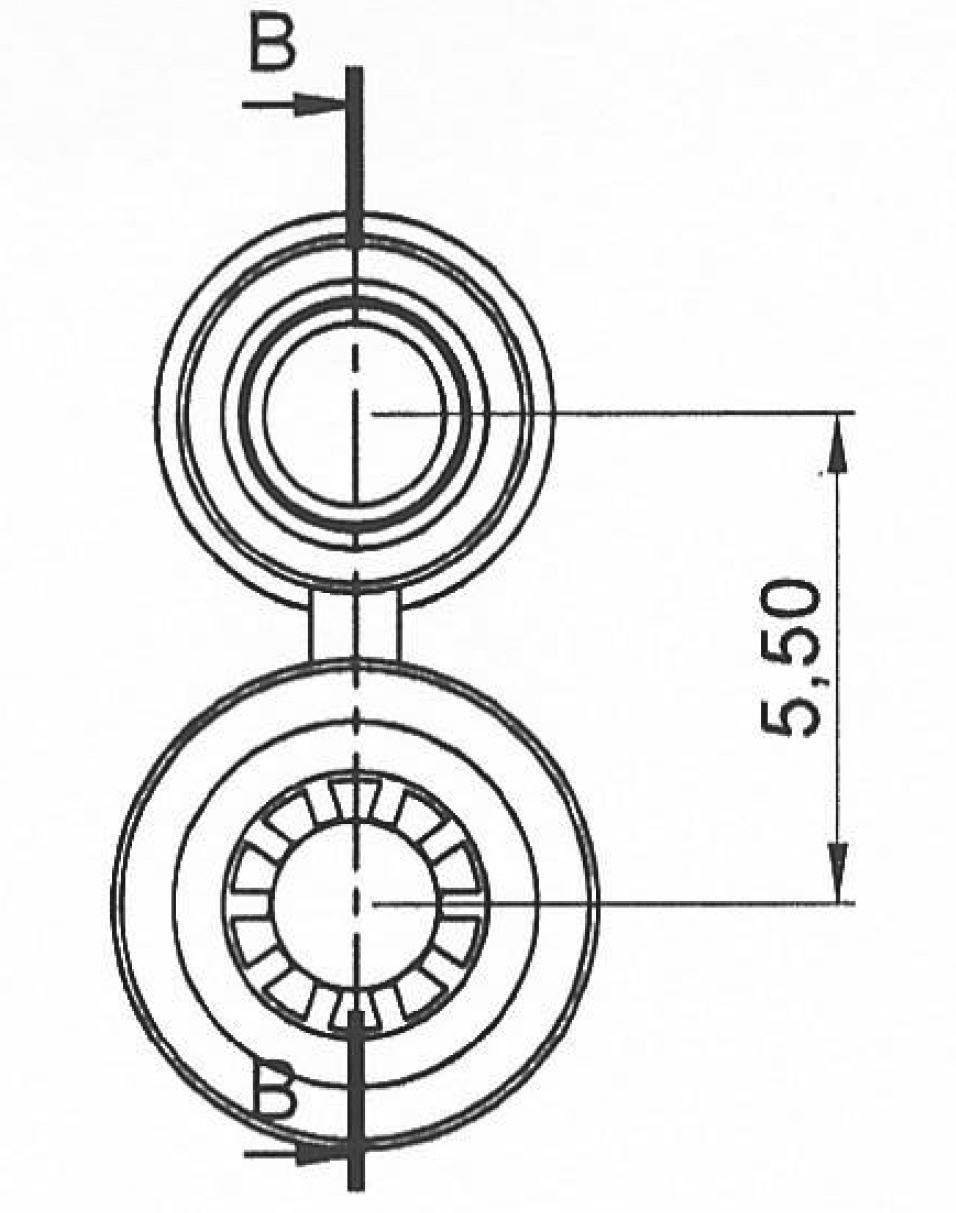 Technische Zeichnung von zwei koaxial verbundenen Kreisen mit Maßlinie '5,50'. Innerer Kreis mit radialen Linien. Draufsicht.
