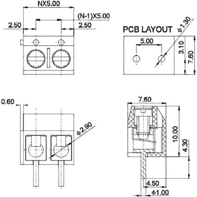 'Technische Zeichnung einer zweipoligen elektrischen Komponente mit Maßen und Löchern für die PCB-Installation, Vorder- und Seitenansicht.'