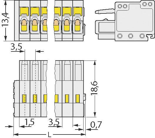 Technische Zeichnung eines Steckverbinders. Zeigt Vorderansicht, Seitenansicht und Maße: 13 A, 3,5 mm, 18,6 mm, 0,75 mm, L.