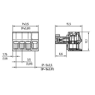 'Technische Zeichnung eines Steckers mit Maßen: Breite 15,5 mm, Höhe 11,1 mm, Tiefe 6,6 mm; Schraubenkontaktabstände 3,5 mm.'