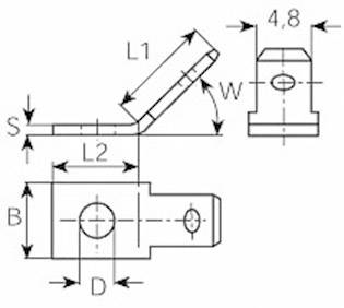 Technische Zeichnung eines Bauteils mit Maßen: Länge L1, L2 und Breite W. Größenangaben S, B, D sind ebenfalls vorhanden.