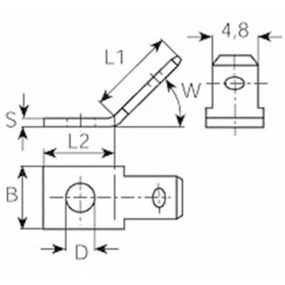Technische Zeichnung eines Bauteils mit Maßen: Länge L1, L2 und Breite W. Größenangaben S, B, D sind ebenfalls vorhanden.