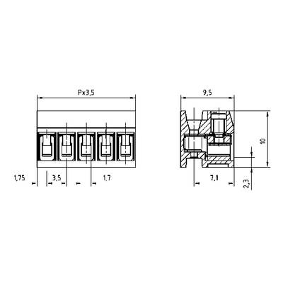 Technische Zeichnung eines Steckverbinders mit Maßen: Px 3,5, Höhe 10 mm, Breite 9,5 mm. Detaillierte Seiten- und Frontalansicht mit metrischen Angaben.