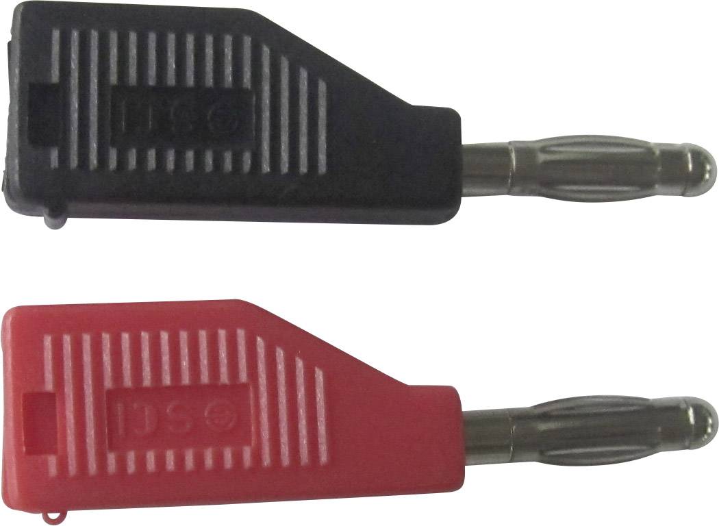 Zwei Bananenstecker, einer schwarz und einer rot, zum Verbinden von Lautsprechern oder elektrischen Geräten.